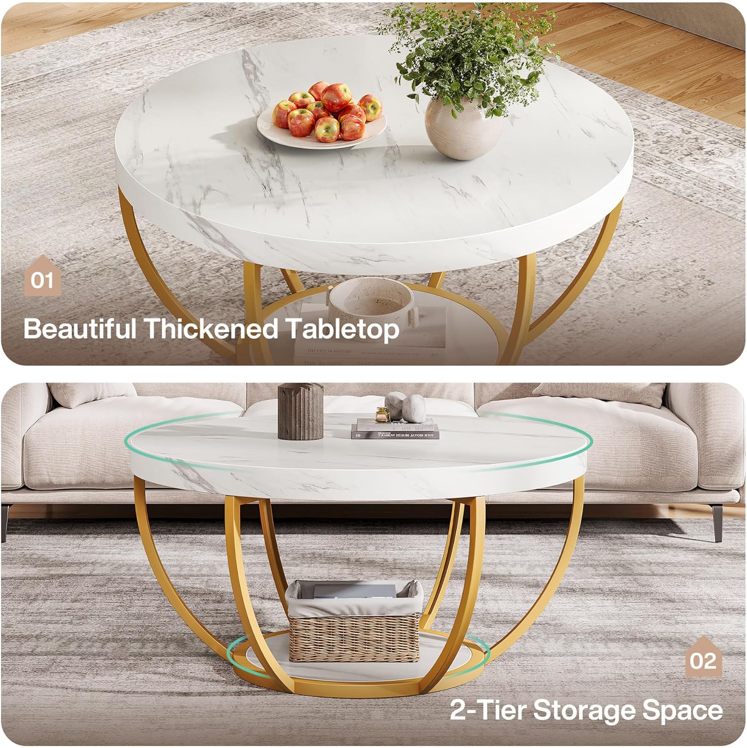 Modern Round Coffee Table - 31.7" 2 Tier Coffee Table