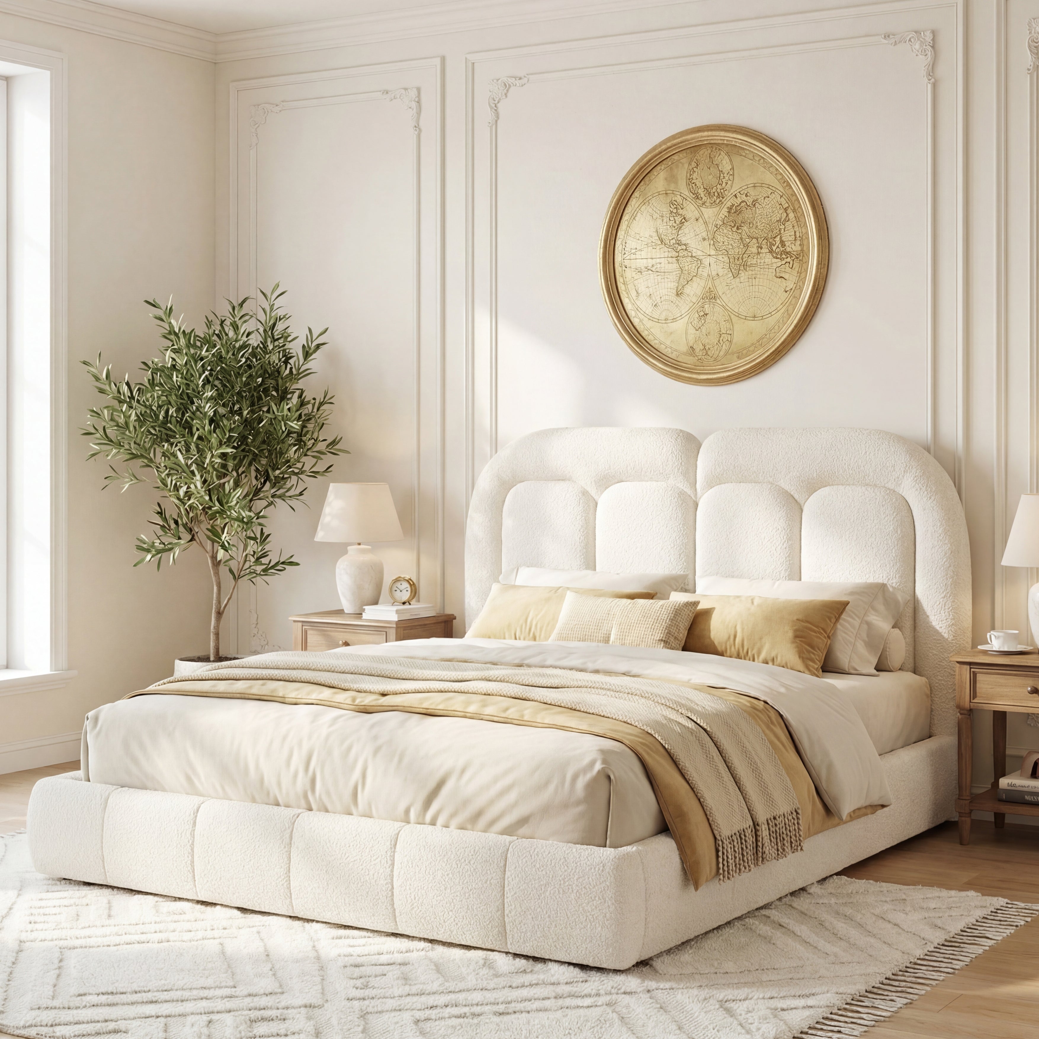Queen Size Boucle Upholstered Platform Bed with Tufted Headboard