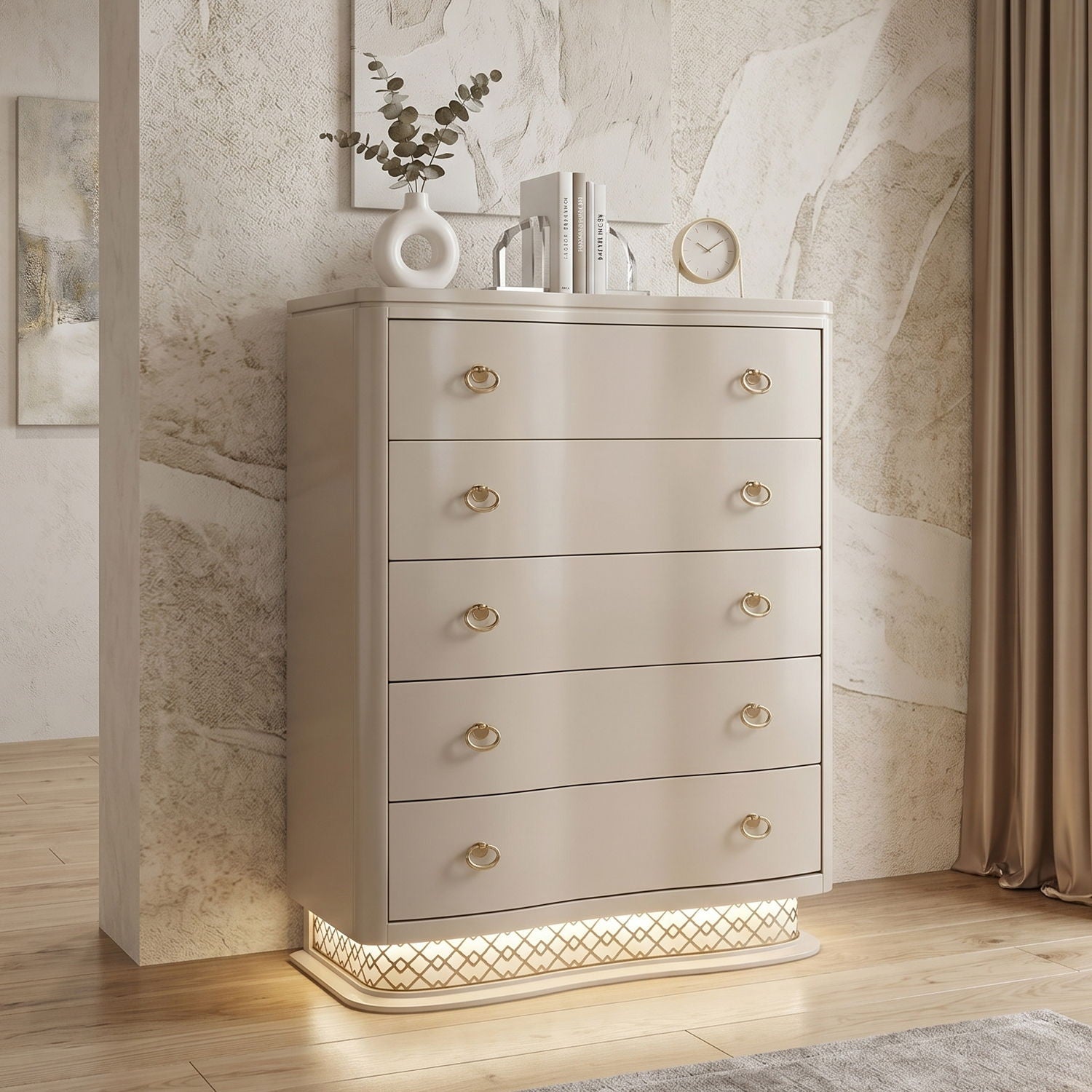 Flora - 5 Drawer Chest With Vertical Storage, LED Lighting - Champagne