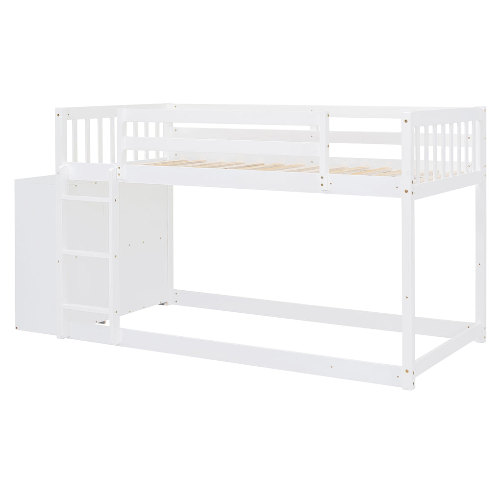 Twin Over Twin Bunk Bed with 4 Drawers and 3 Shelves - White