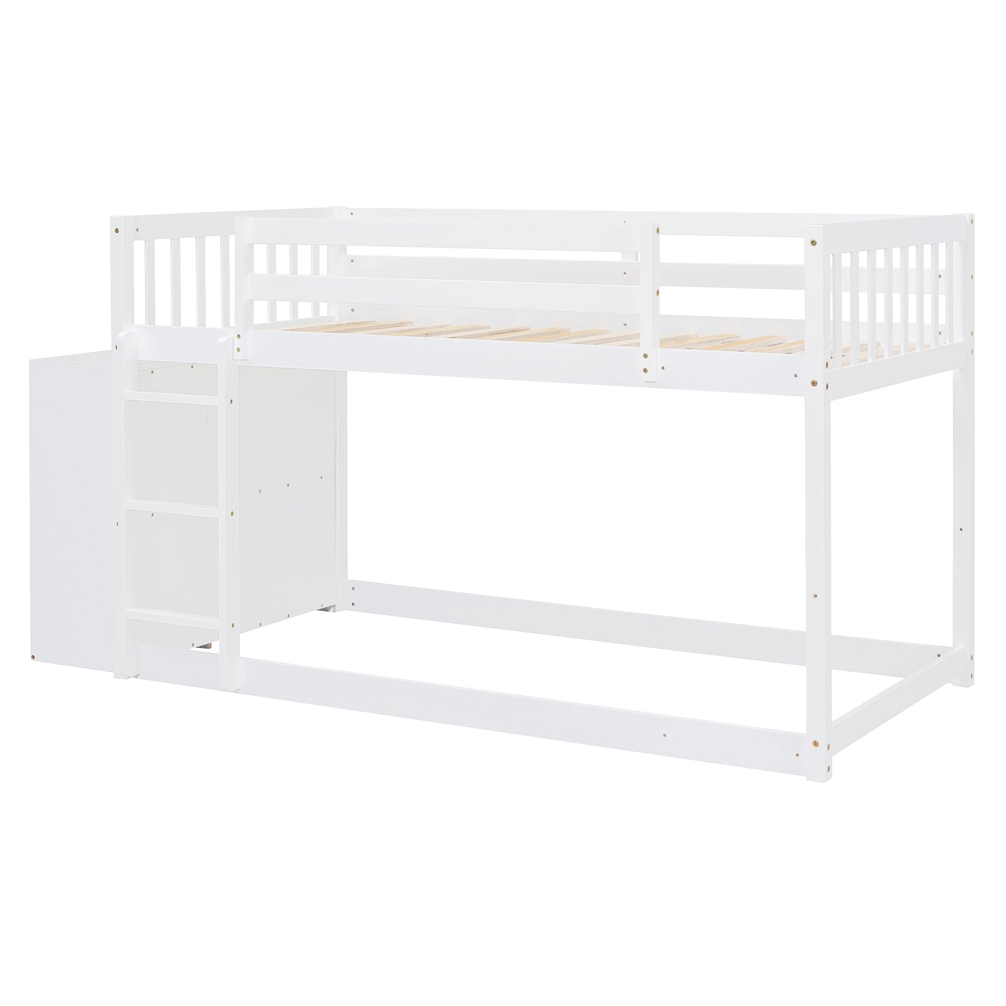 Twin Over Twin Bunk Bed with 4 Drawers and 3 Shelves - White