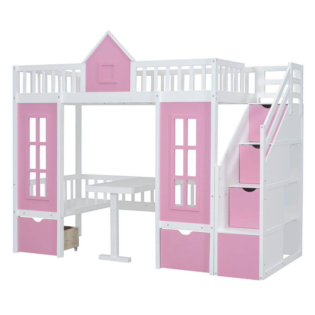 Twin-Over-Twin Bunk Bed with Changeable Table - Pink