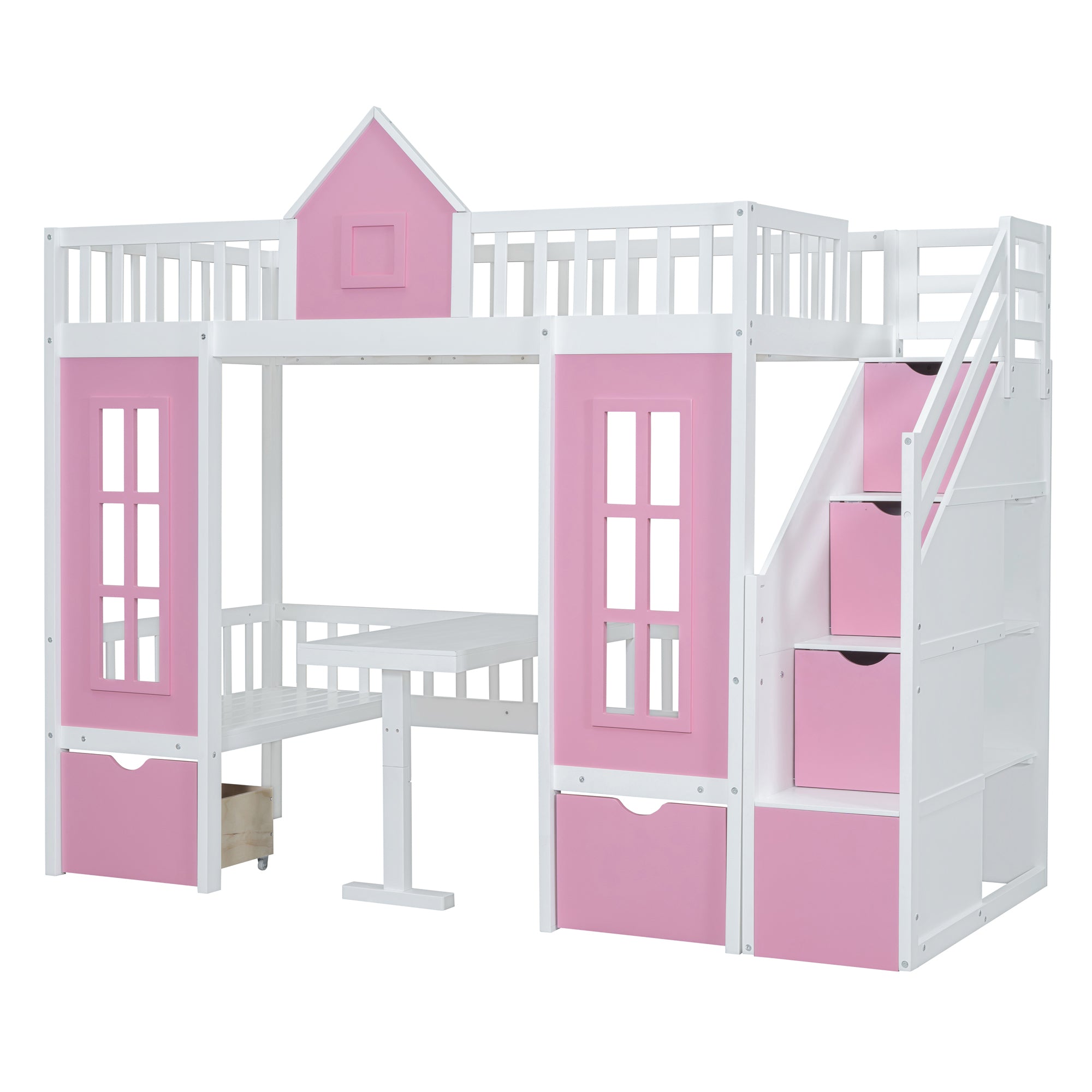 Twin-Over-Twin Bunk Bed with Changeable Table - Pink