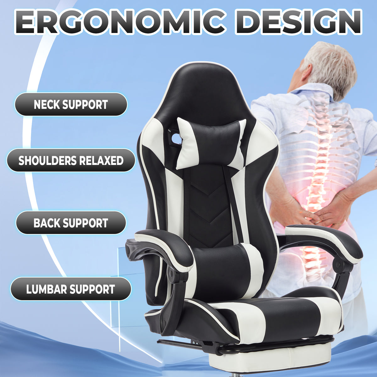 Gaming Chair with Footrest, Ergonomic Computer Chair, Black White Leather