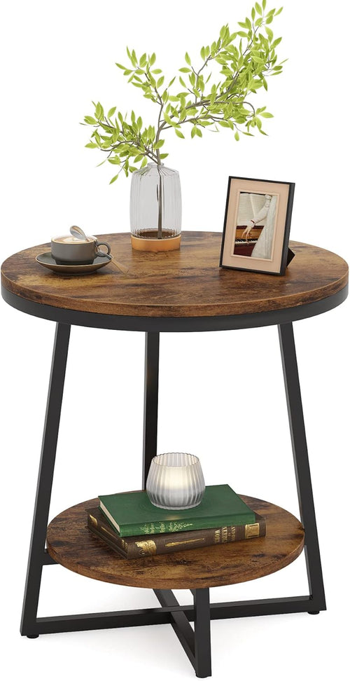 19.68" Industrial End Table with Storage Shelf – 2-Tier Round Side Table