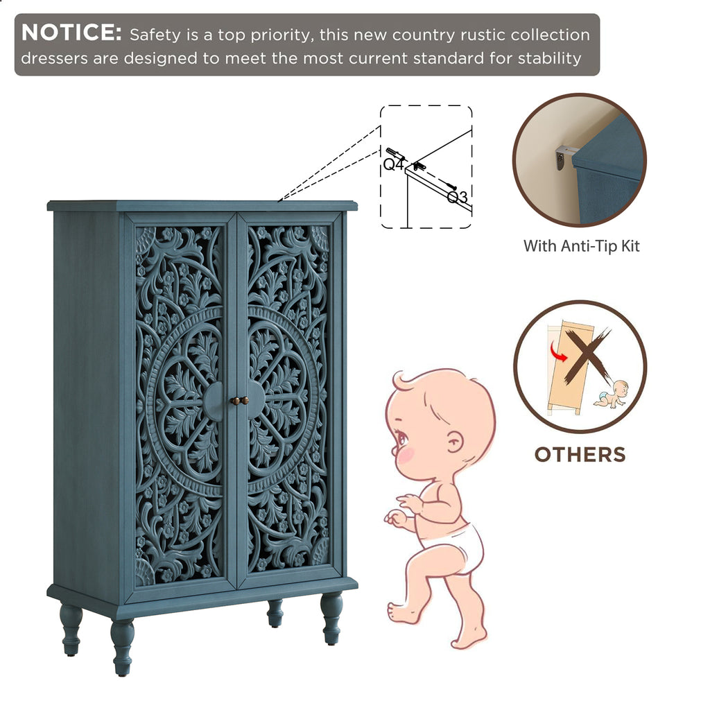 Farmhouse Accent Storage Cabinet, 2-Door Hollow Carved, Antique Blue