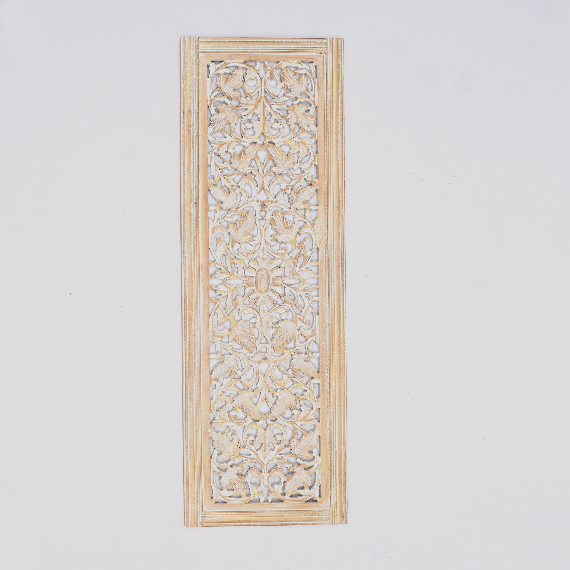 20” x 63” Hand-Carved Wooden Wall Panel – Rustic Antique Mandala Design