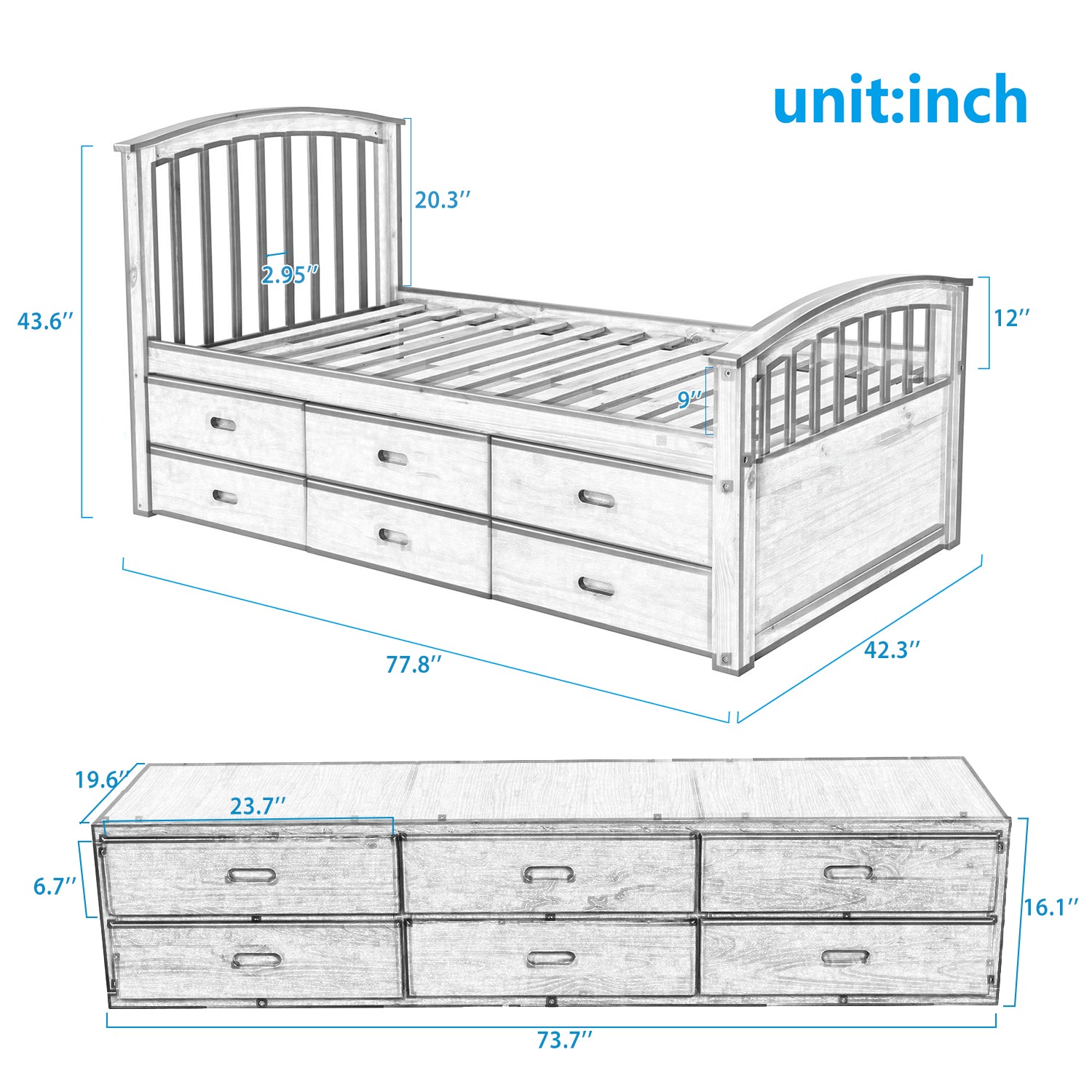 Twin Size Platform Storage Bed With 6 Drawers