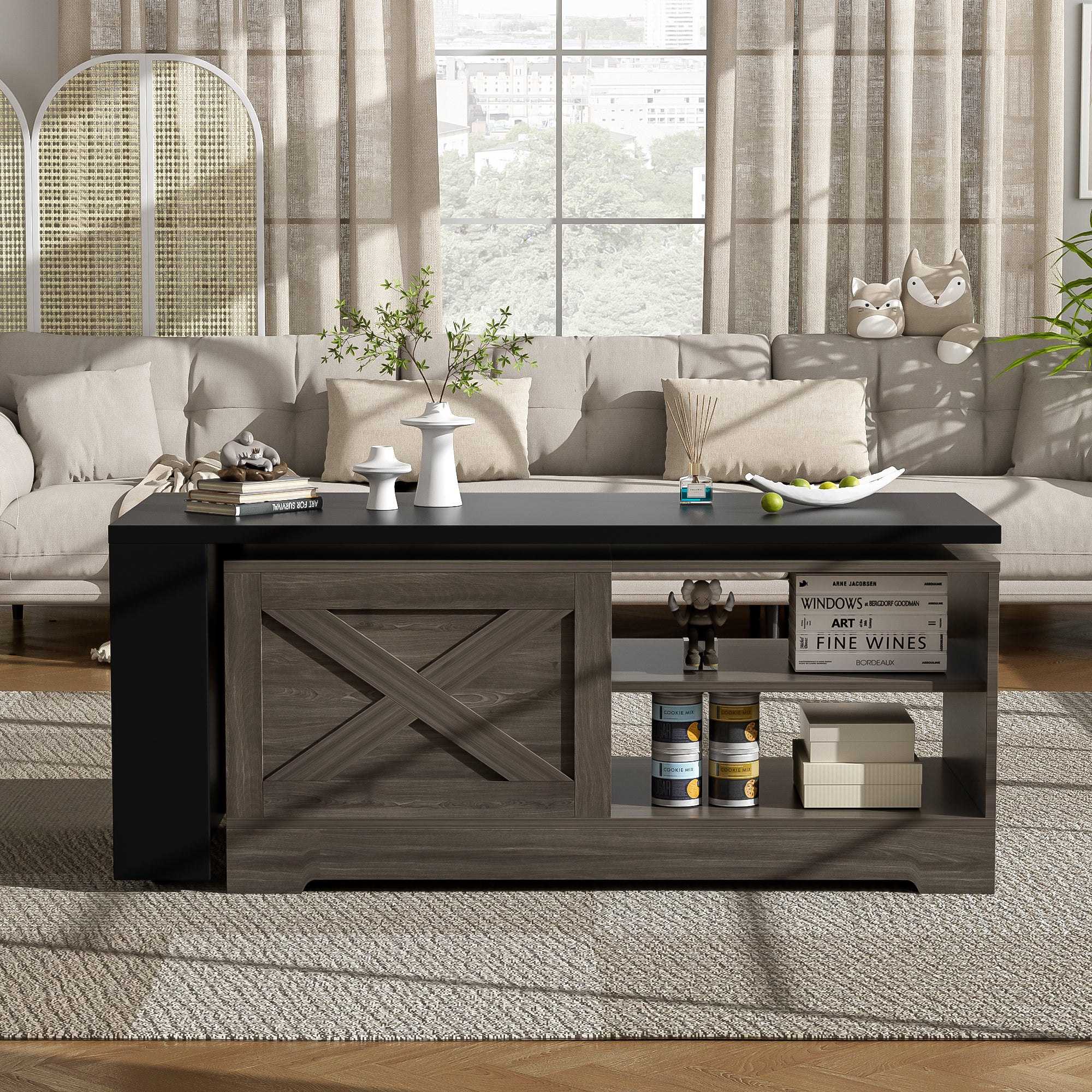 U-Can Farmhouse Lift Top Coffee Table With Barn Doors