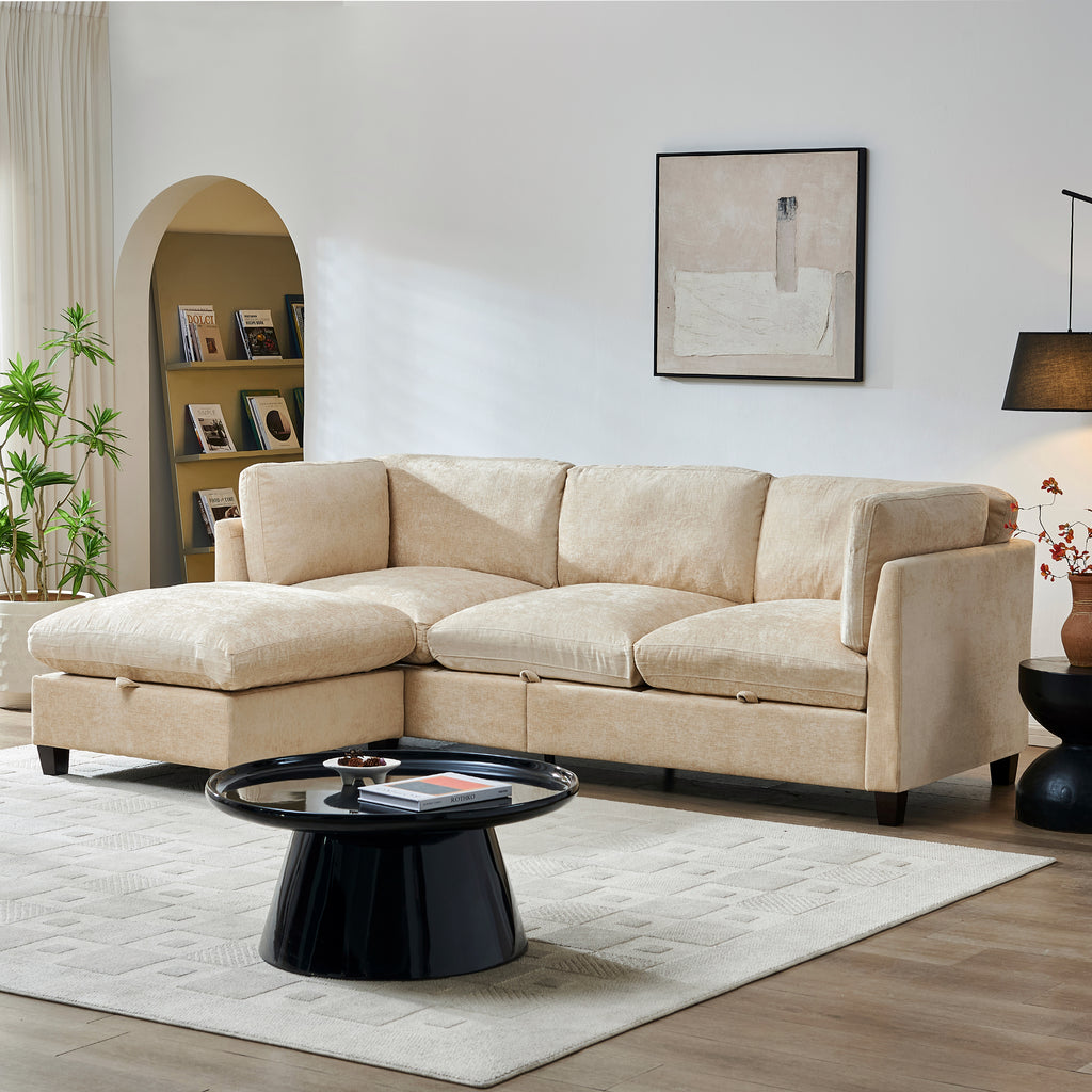 Soft Chenille 3-Seater Sectional Couch with Ottoman