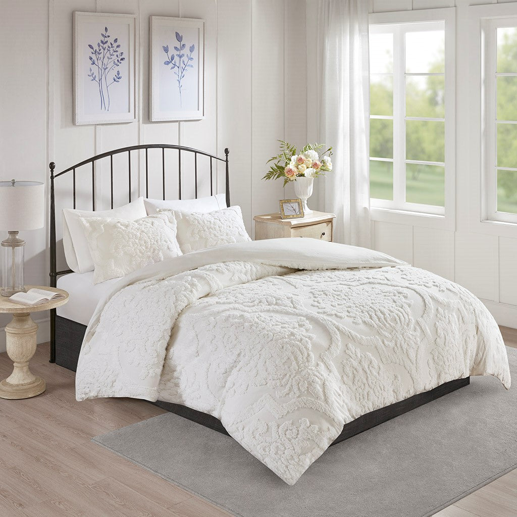 Full/Queen 3 Piece Tufted Cotton Chenille Damask Duvet Cover Set