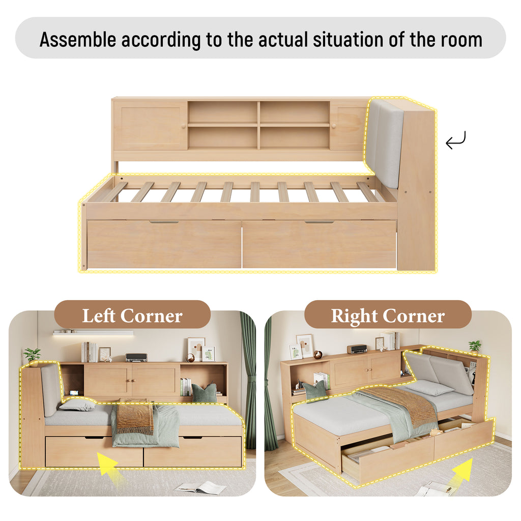 Wooden Twin Size L-shaped Daybed with Storage Bookcase