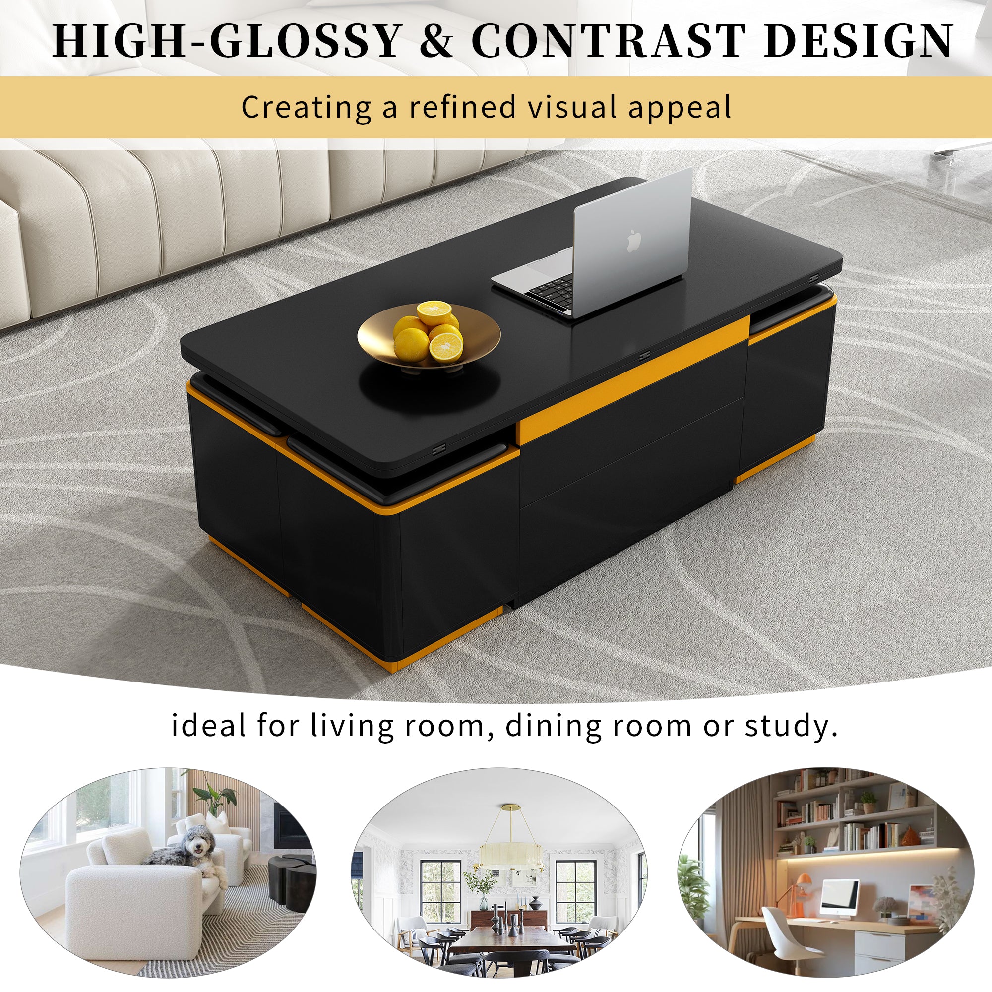 VIBE HAUS Lift-Top Coffee Table with Storage Stools