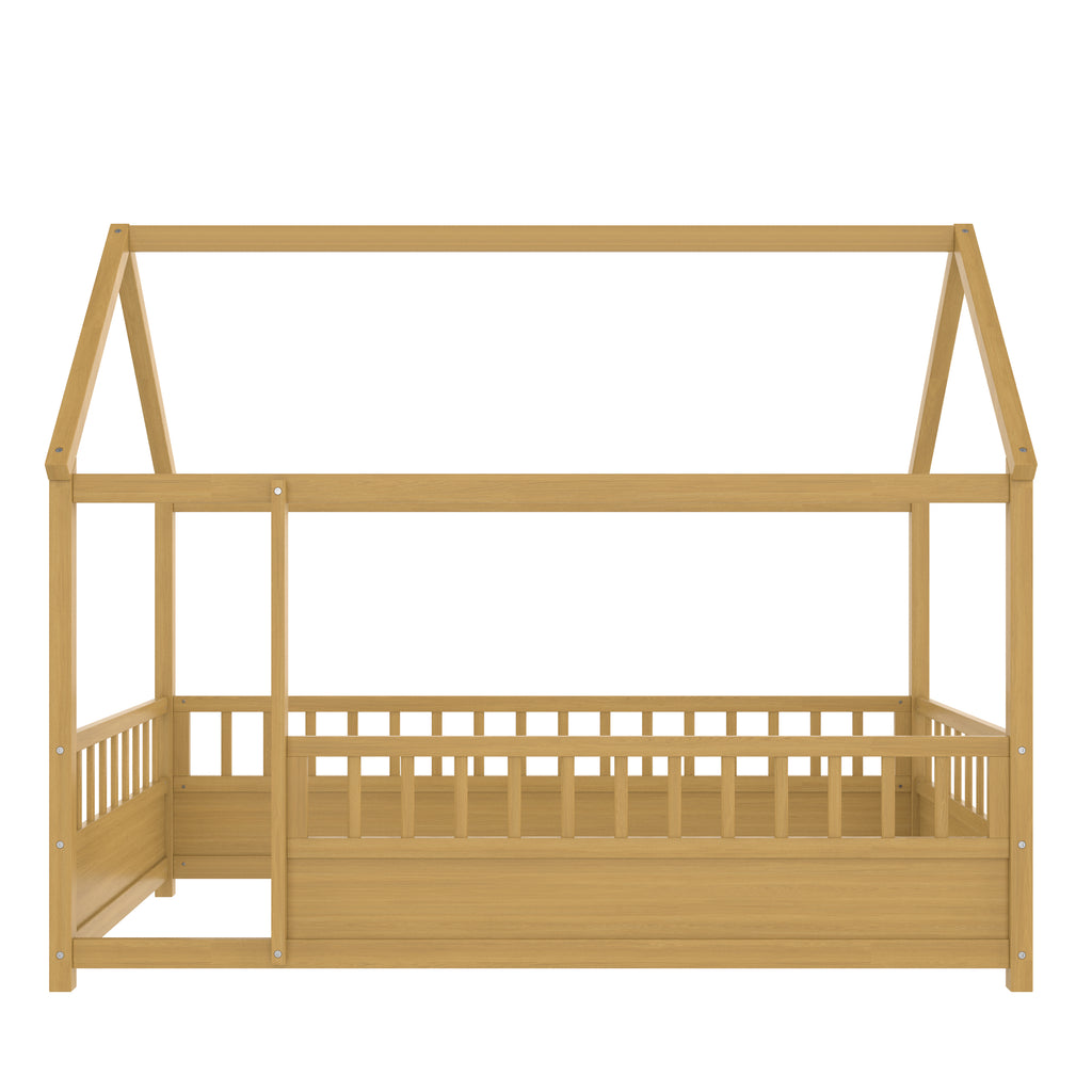 Twin Size Floor Wooden Bed with House Roof Frame