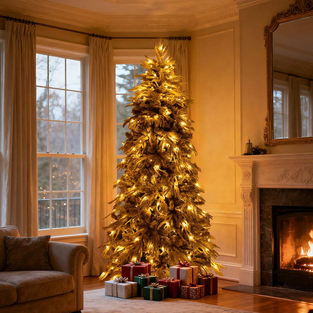 7ft Slim Flocked Christmas Tree, Pre-lit with 250 Warm White LEDs, White