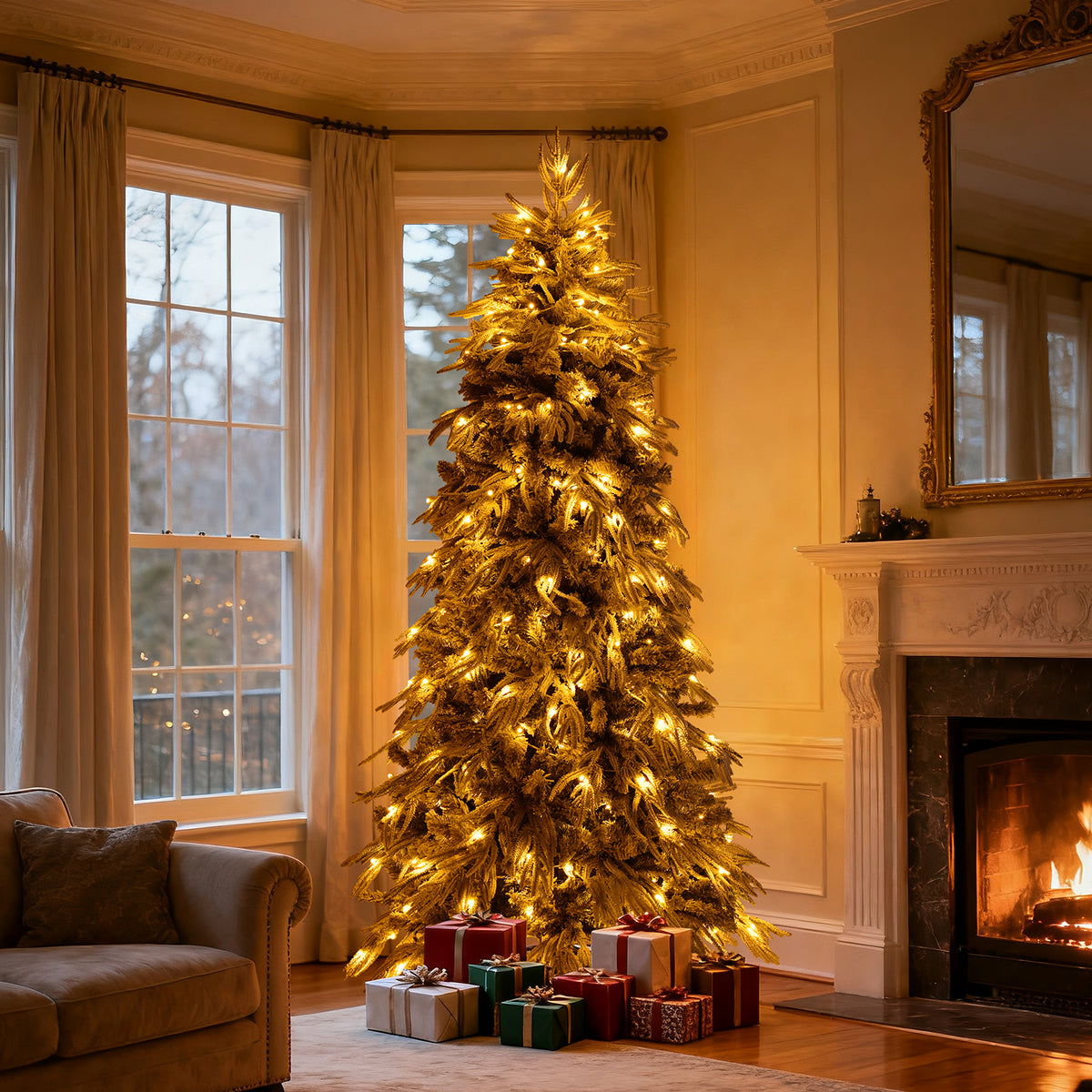 8ft Slim Flocked Christmas Tree, Pre-lit 350 Warm Lights, White