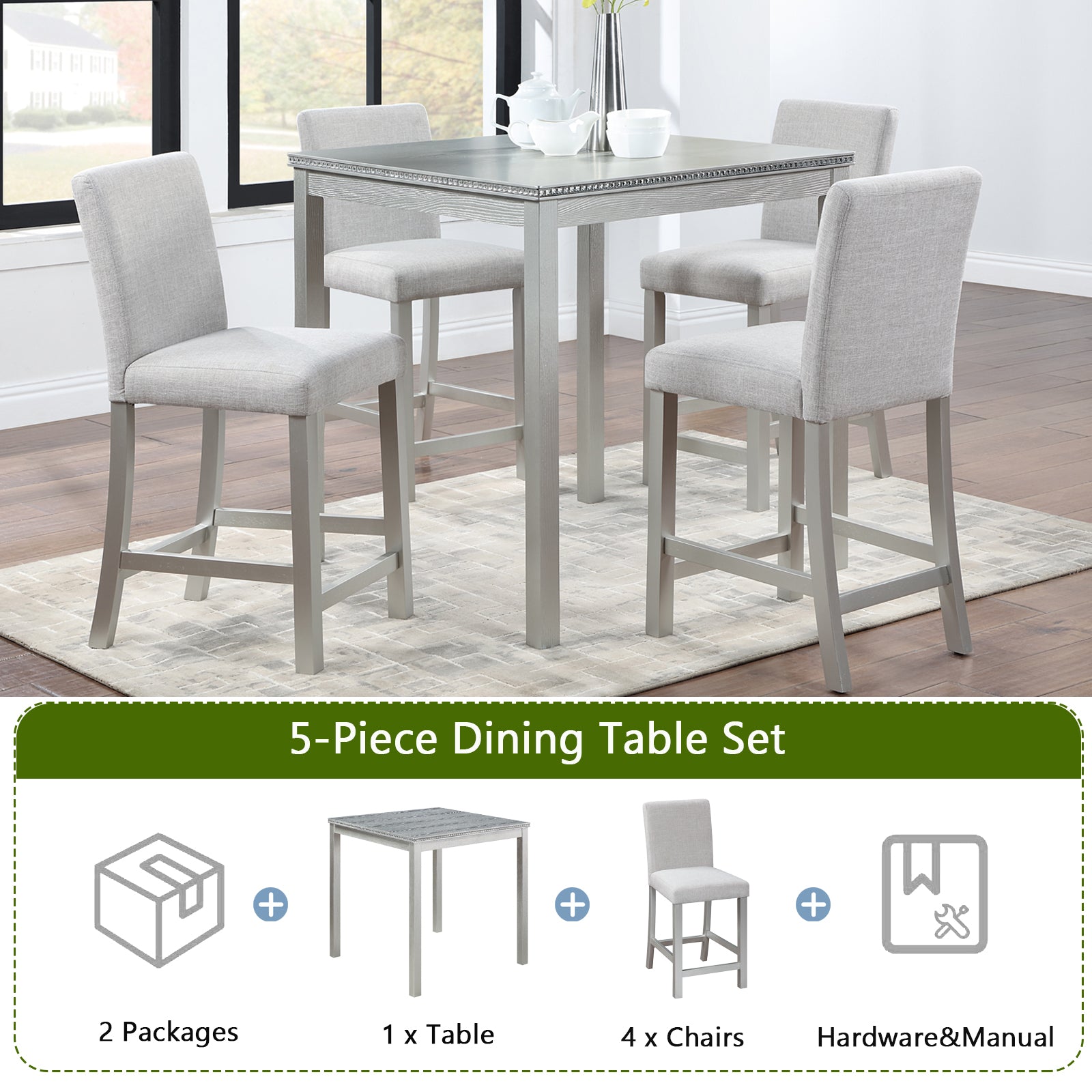 5 Piece Counter Height Table Set with Upholstered Chairs