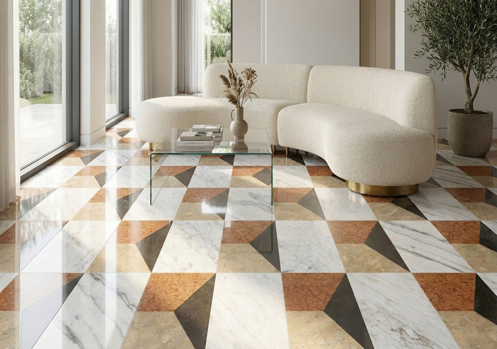 12x24 Waterjet Marble Tile - White Gold Red Gray