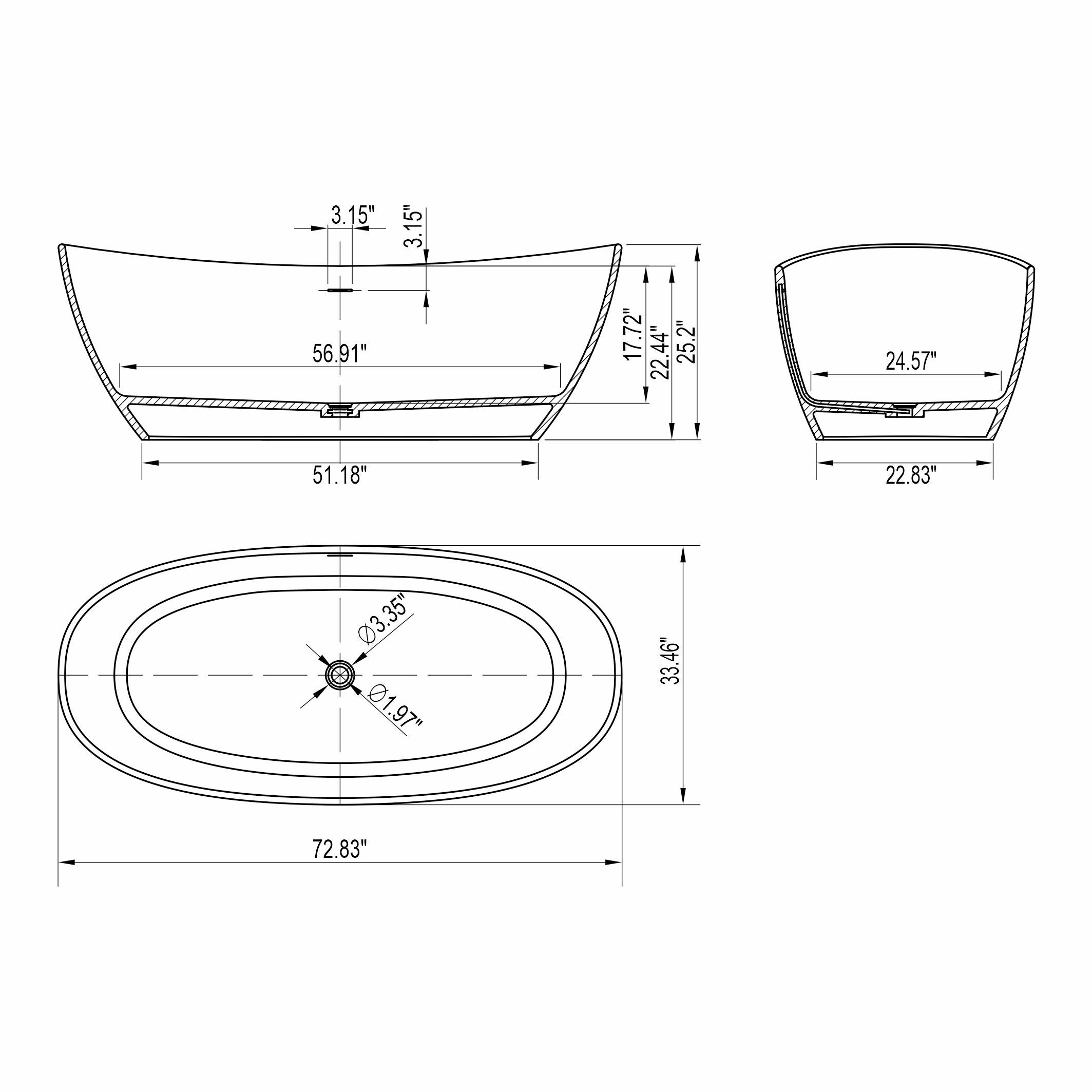 73 Inch Artificial Stone Solid Surface Freestanding Bathtub