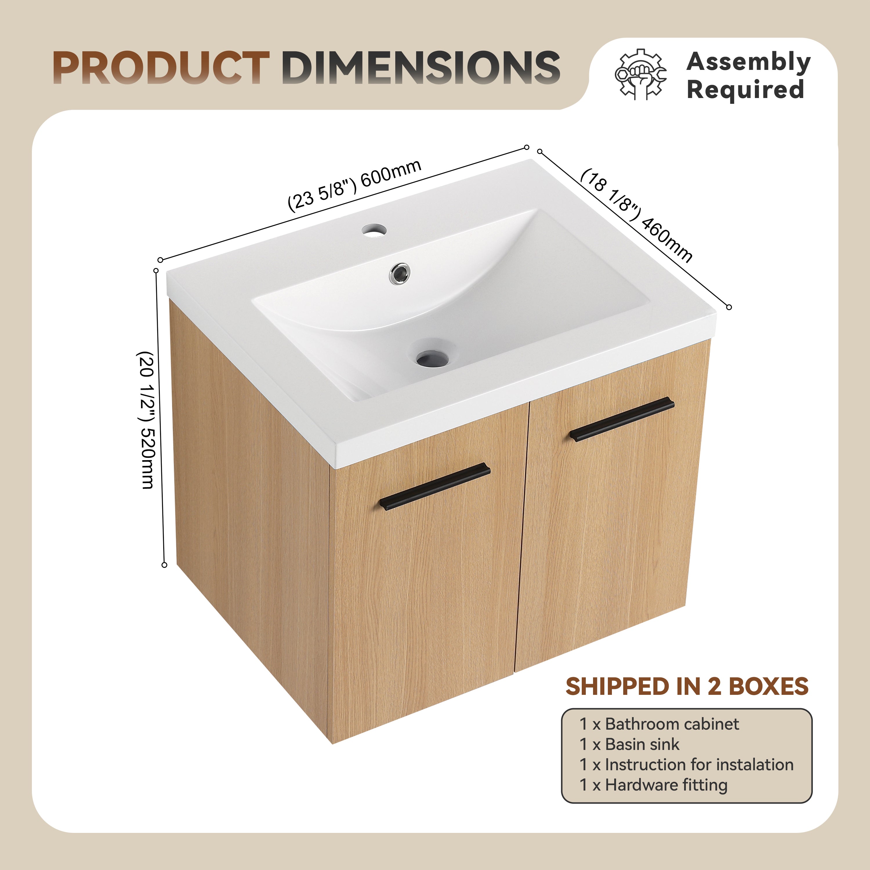 24" Floating Bathroom Vanity with Sink, Light
