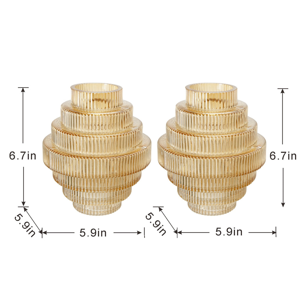 D5.9x6.7" Tiered Geometric Amber Luster Clear Vase, Set of 2