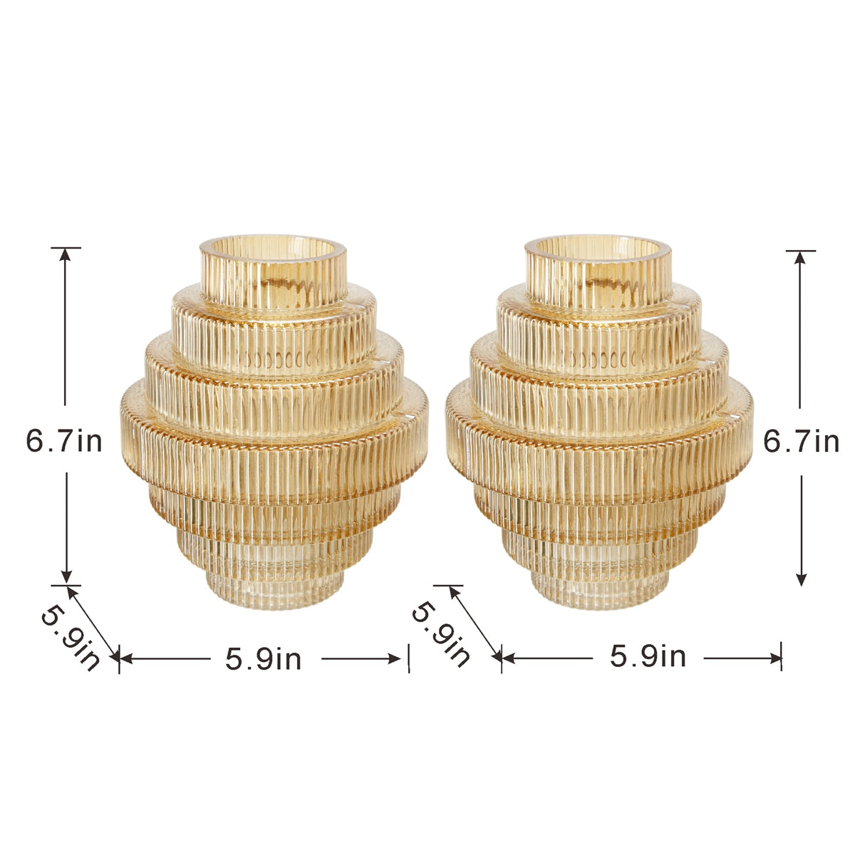 D5.9x6.7" Tiered Geometric Amber Luster Clear Vase, Set of 2