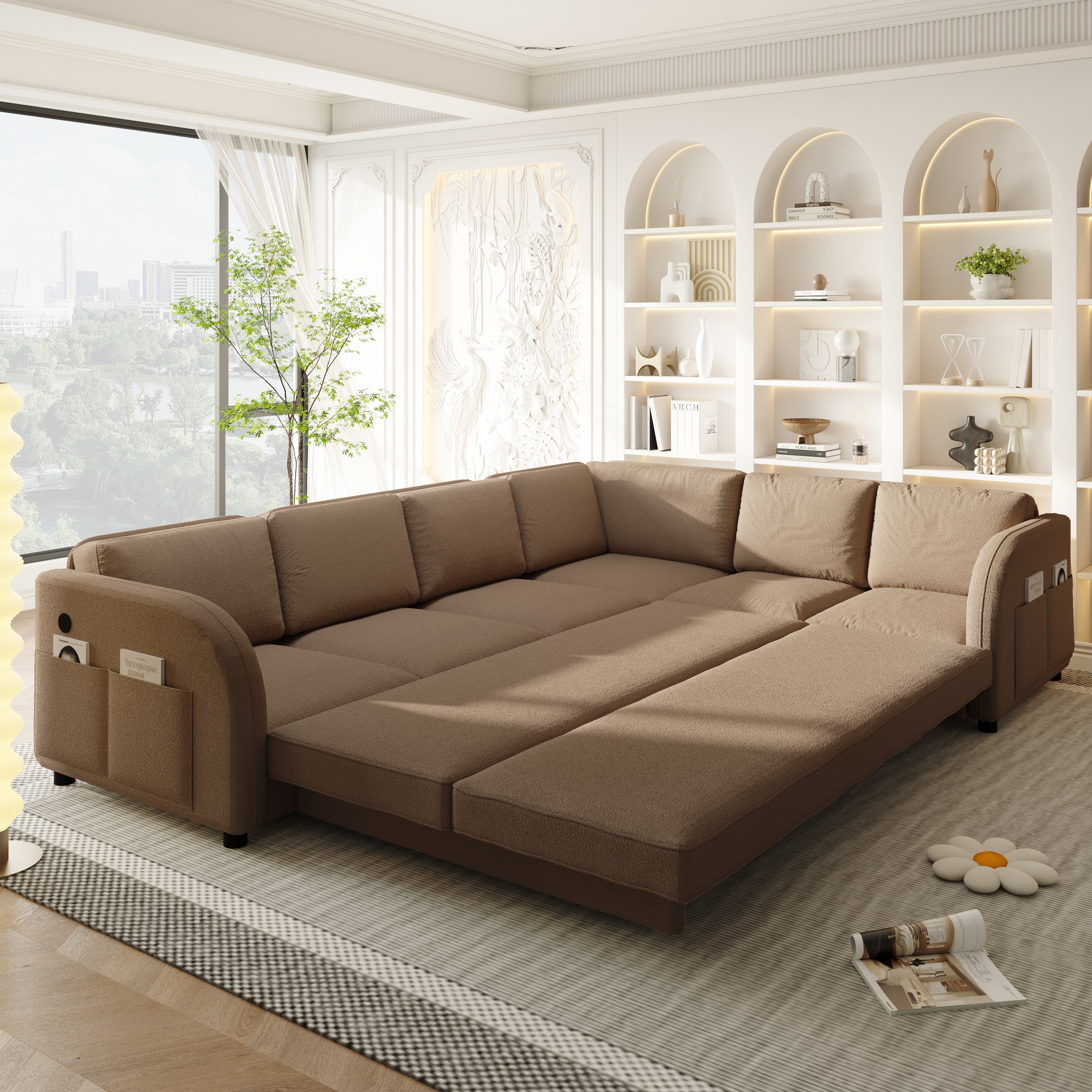 115.2" L-Shaped Pull-Out Bed Sleeper Sofa - Brown