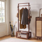 Solid Wood Freestanding Coat Rack with Storage Basket