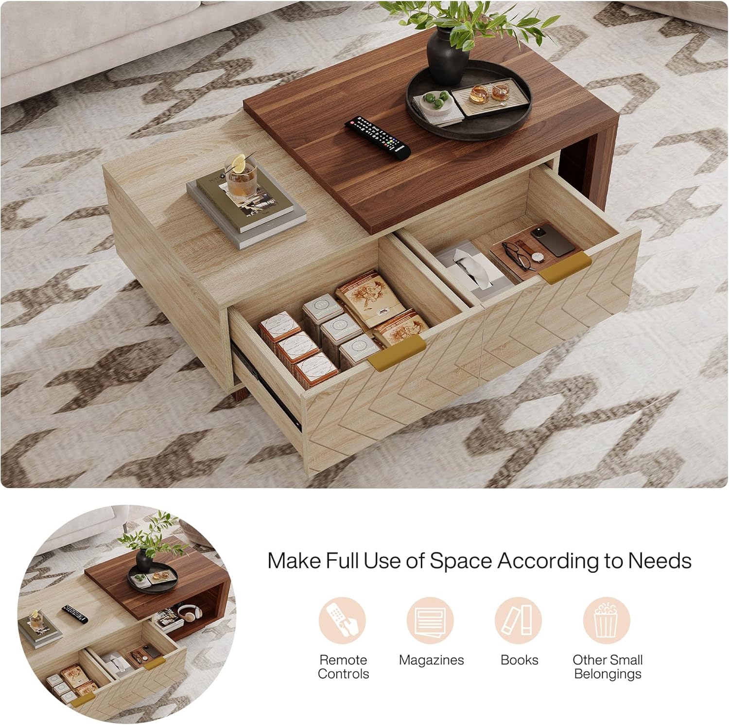 42.13" Extendable Coffee Table with Storage Drawers