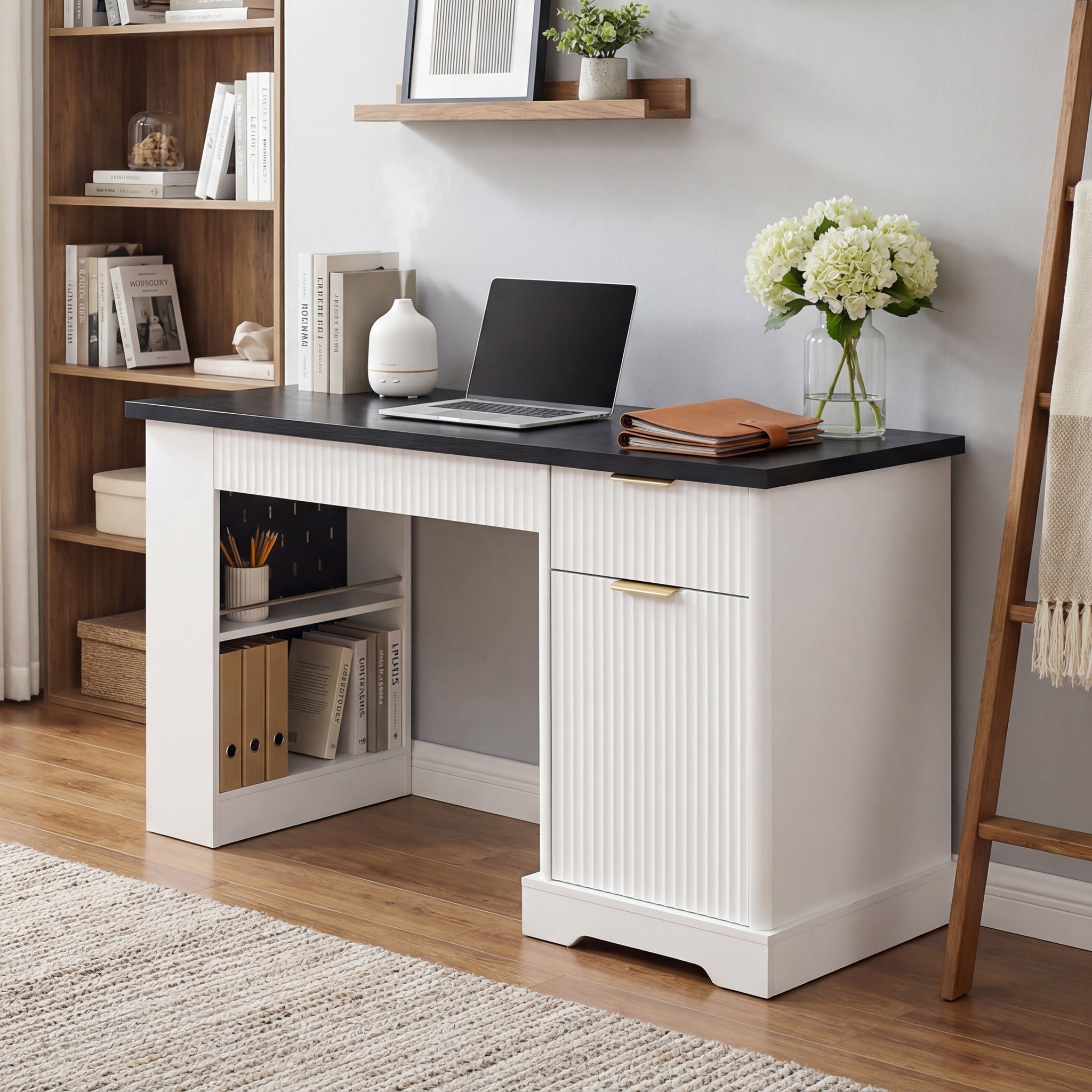 55" Modern Fluted Office Desk with Storage Cabinet & Drawers