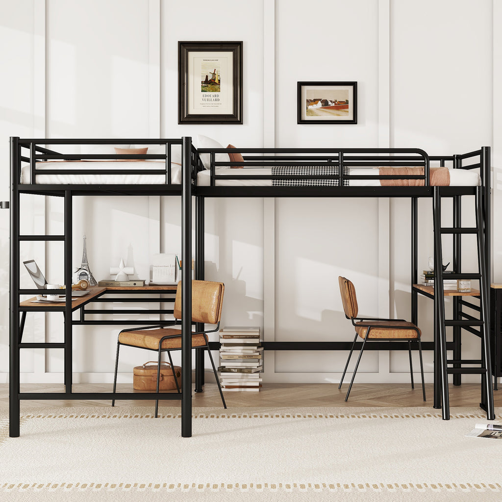 Twin Size Metal Loft Bed with Two Built-in Desks