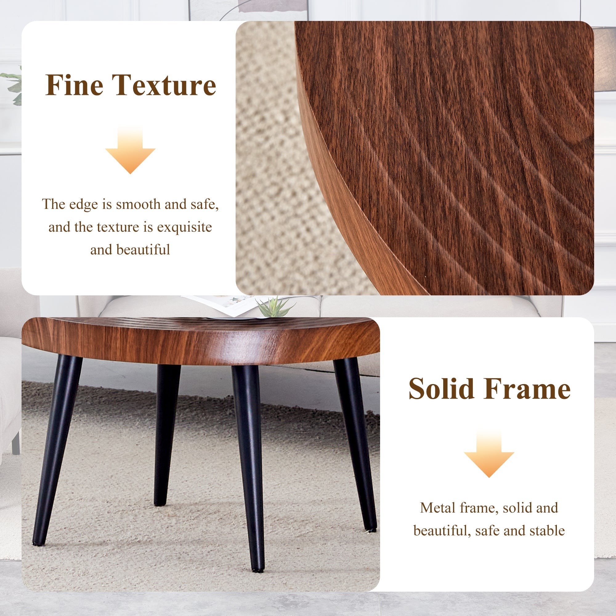 Modern Round Coffee Table - Walnut Pattern MDF And Black Metal Legs