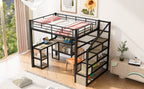 Full Size Metal Loft Bed with Staircase, Built-in Desk and Shelves