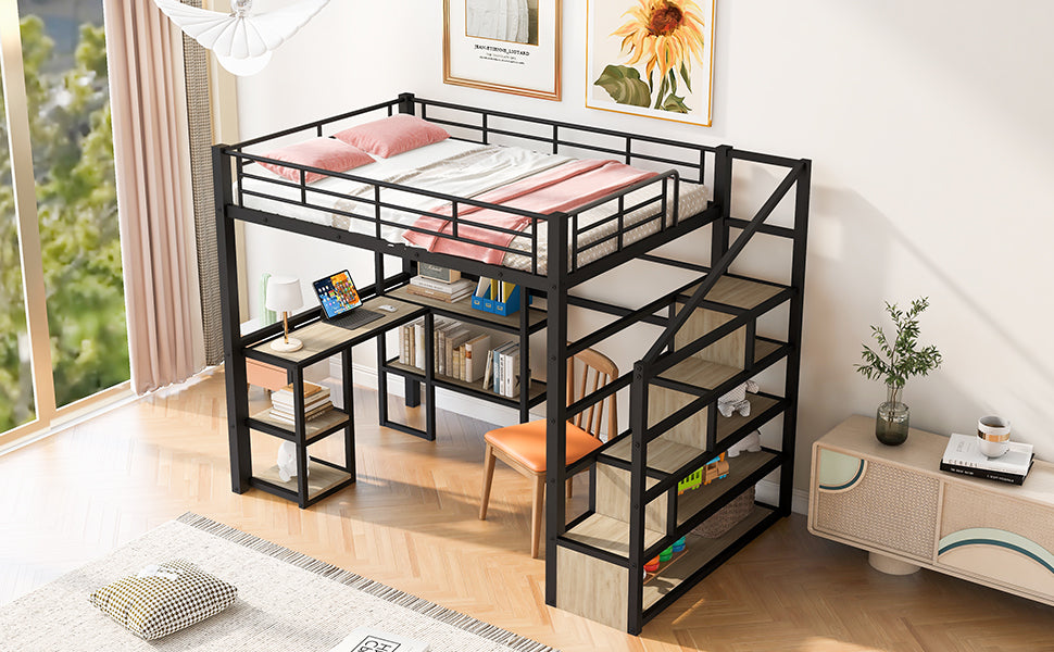 Full Size Metal Loft Bed with Staircase, Built-in Desk and Shelves