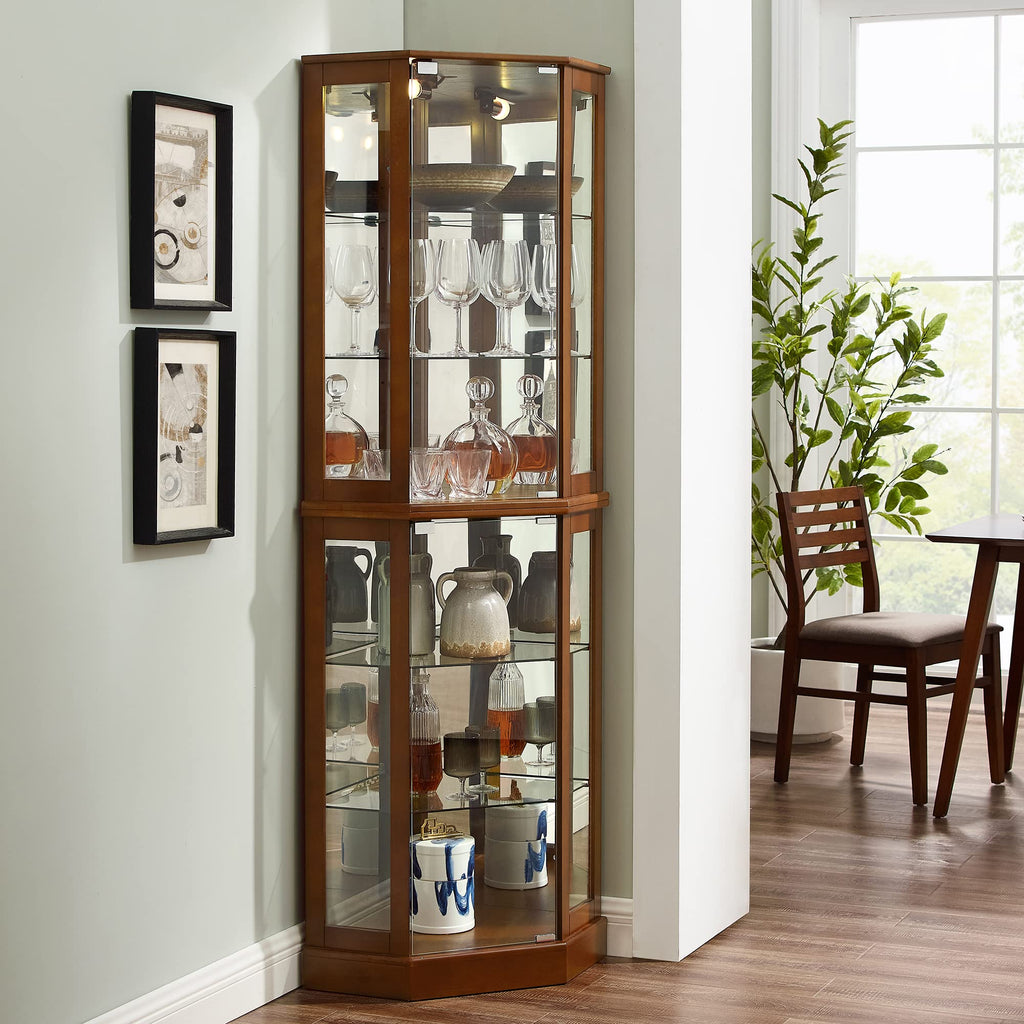 6 Shelf Corner Curio Display Cabinet With Lights, Mirrors, and Adjustable Shelves