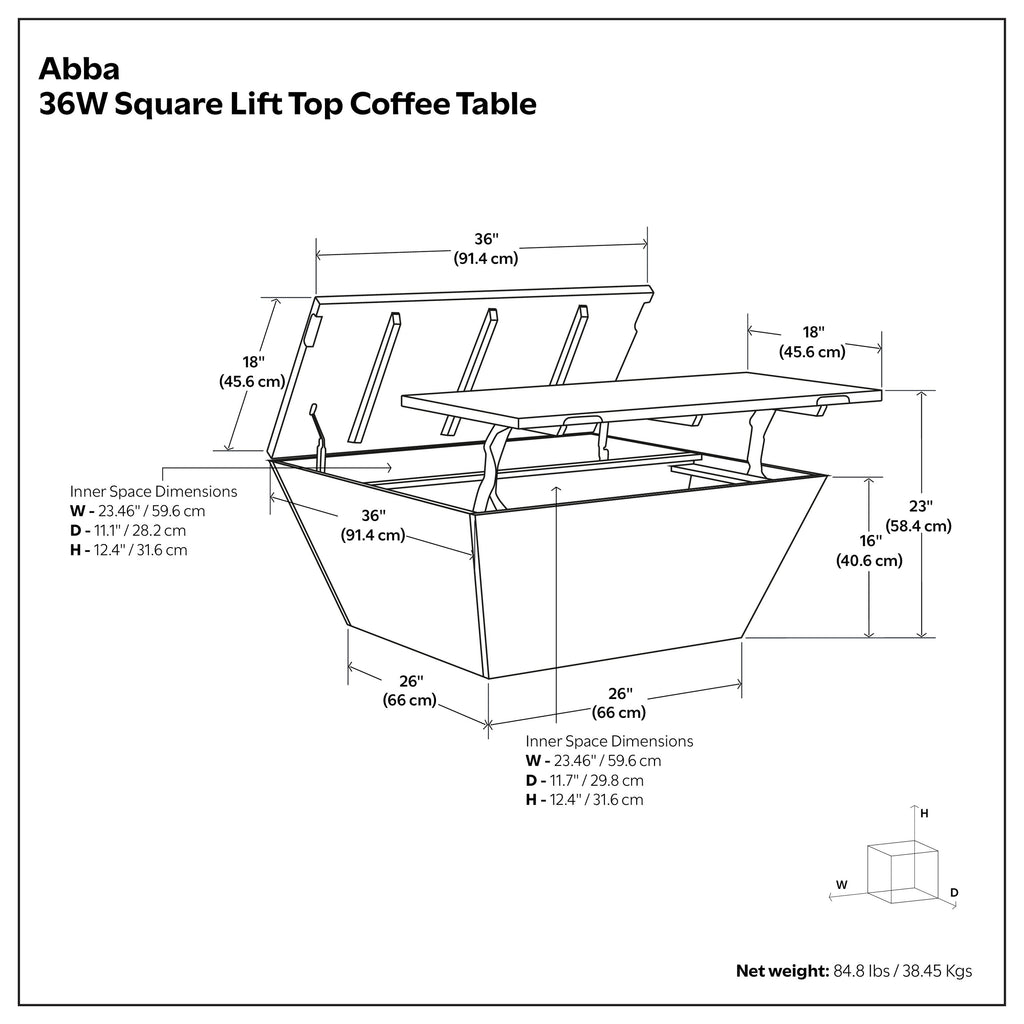 Abba 36 Inch Square Lift Top Coffee Table