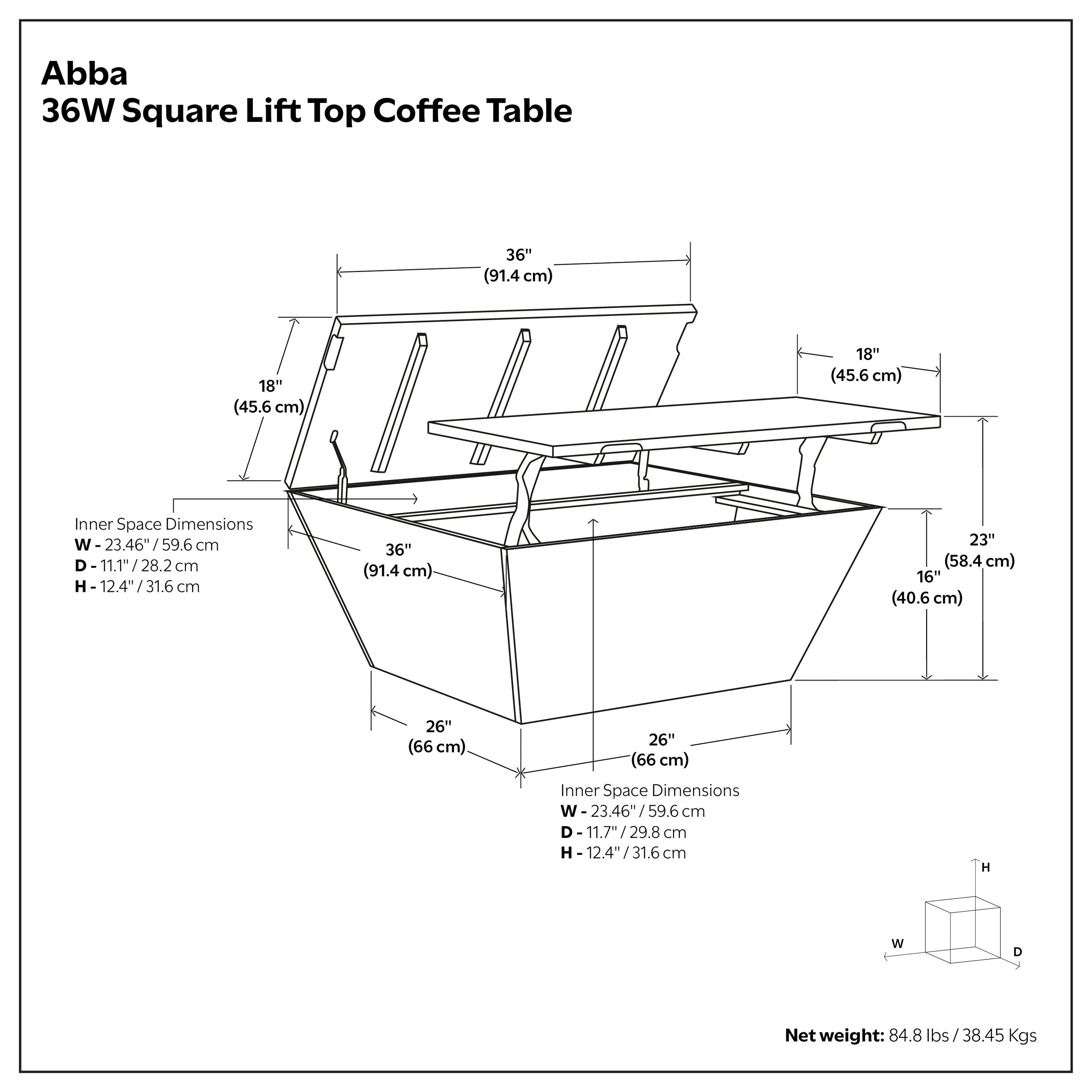 Abba 36 Inch Square Lift Top Coffee Table