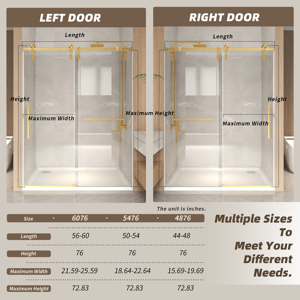 Frameless Sliding Shower Door - 5/16" Tempered Glass, Stainless Steel Frame