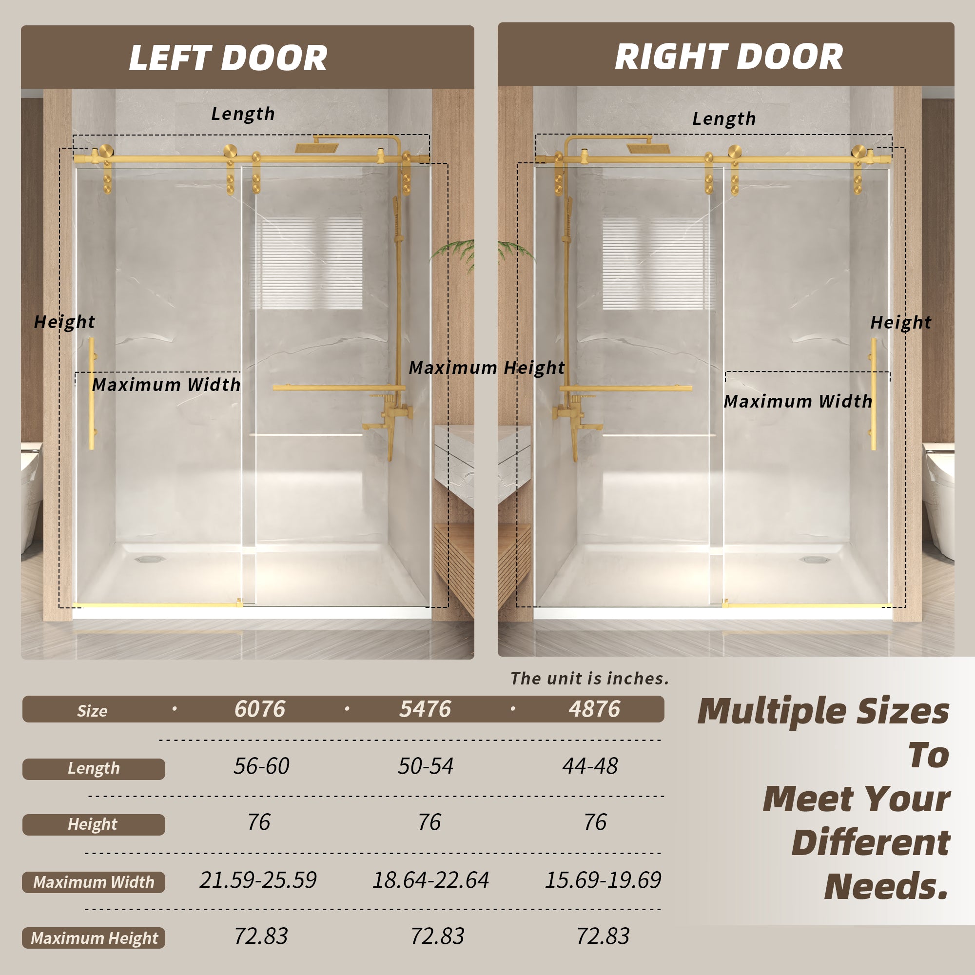 Frameless Sliding Shower Door - 5/16" Tempered Glass, Stainless Steel Frame