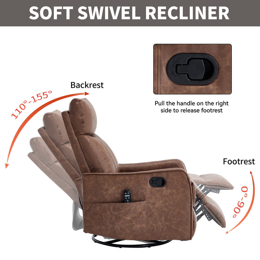 Brown Heat Massage Manual Recliner Chair with Rocker and Swivel