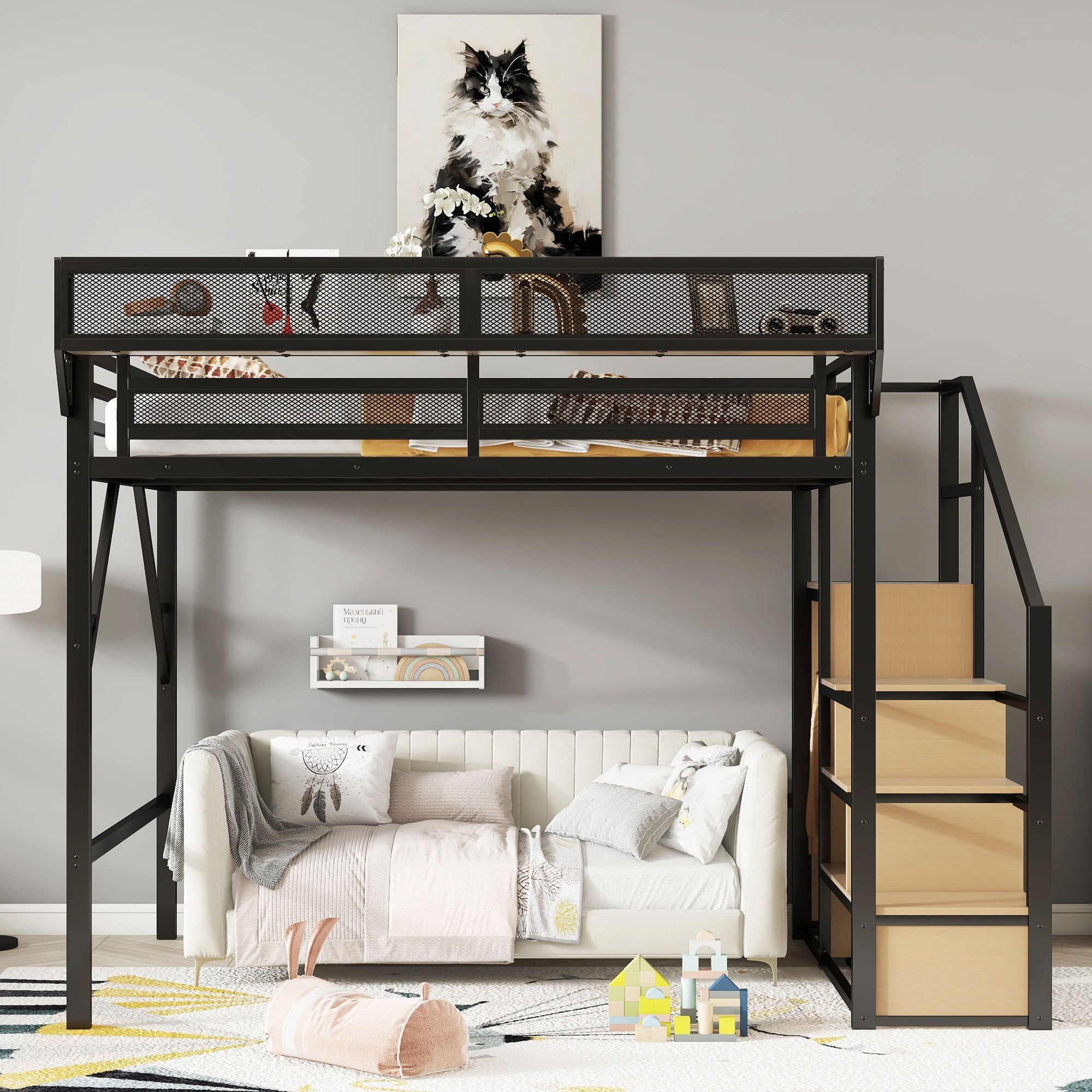 Loft Bed With Stairs, Storage Shelves, Wardrobe