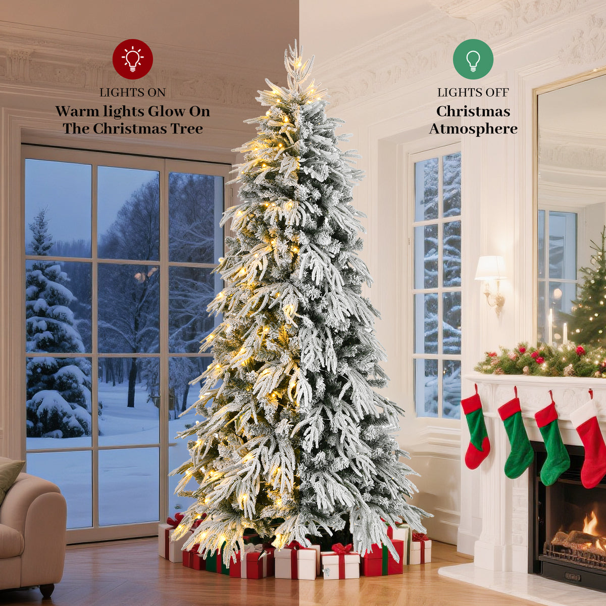 7ft Slim Flocked Christmas Tree, Pre-lit with 250 Warm White LEDs, White