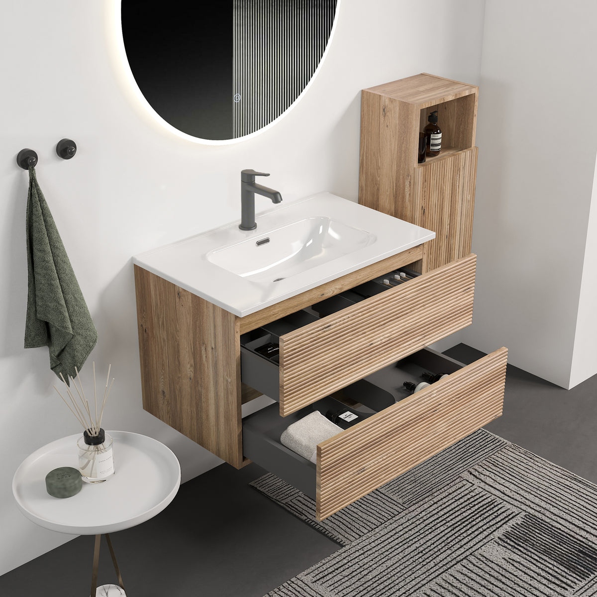 Gloria 30" Wall-Mounted Bathroom Vanity, Rough Oak with Integrated Ceramic Sink