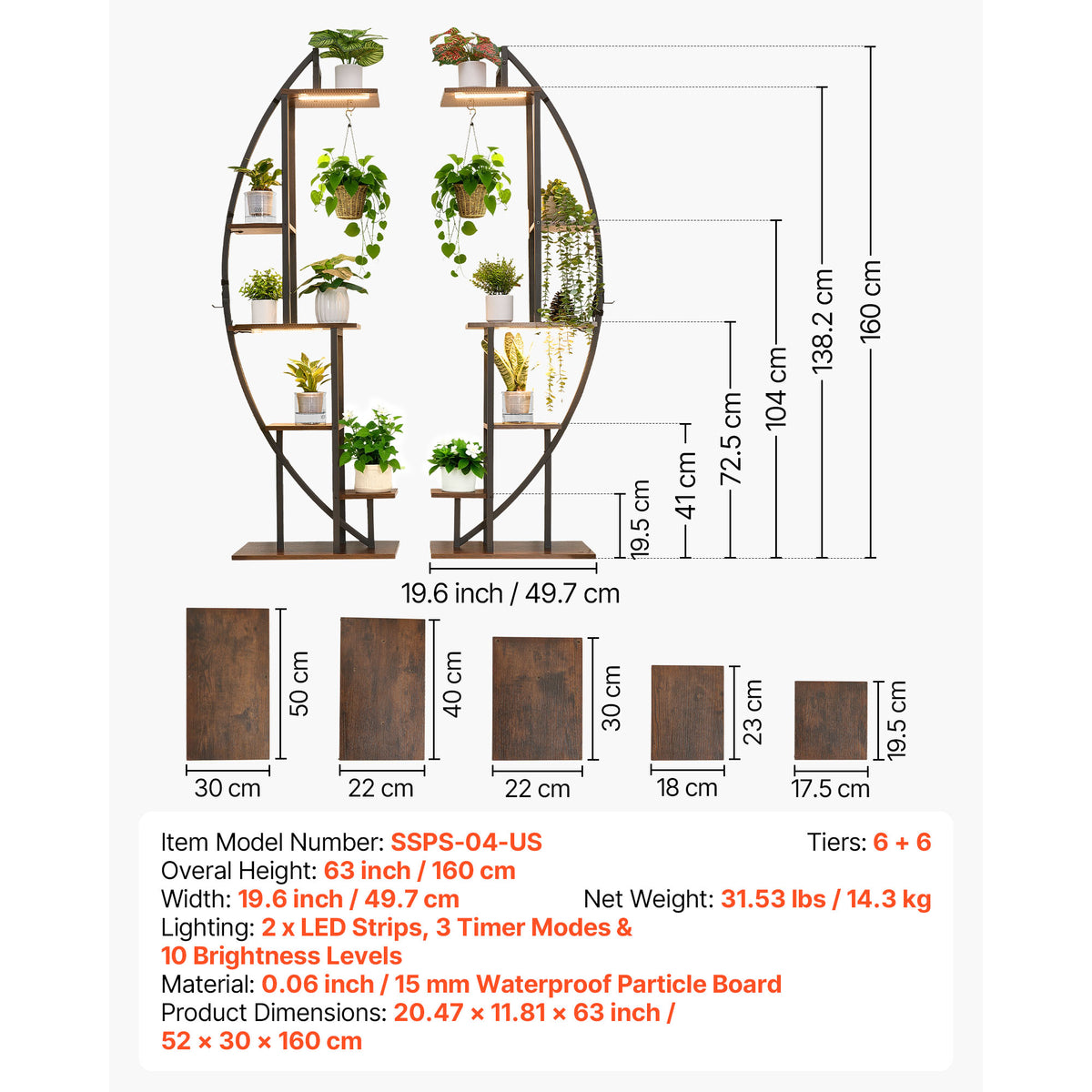 63" Tall 6-Tier Indoor Plant Stand with Grow Lights