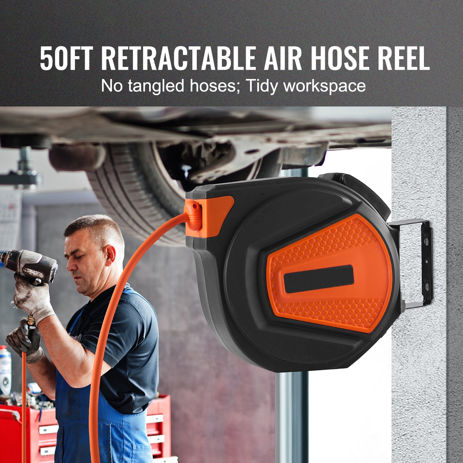 Retractable Air Hose Reel with 50 FT Hybrid Hose