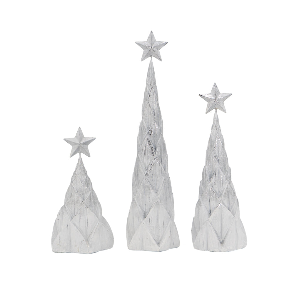 Set of 3 Resin White/Silver Foil Christmas Trees