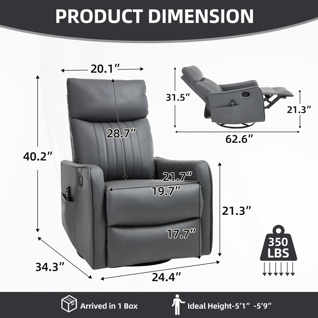 Grey Faux Leather Heat Massage Manual Recliner Chair
