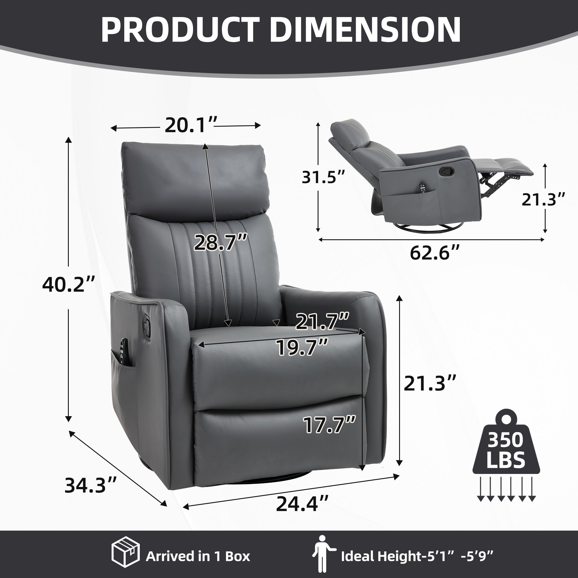 Grey Faux Leather Heat Massage Manual Recliner Chair