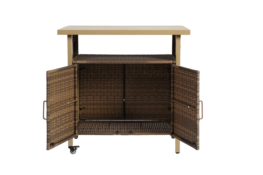 Outdoor Wicker Bar Cart, Patio Wine Serving Cart with Wheels