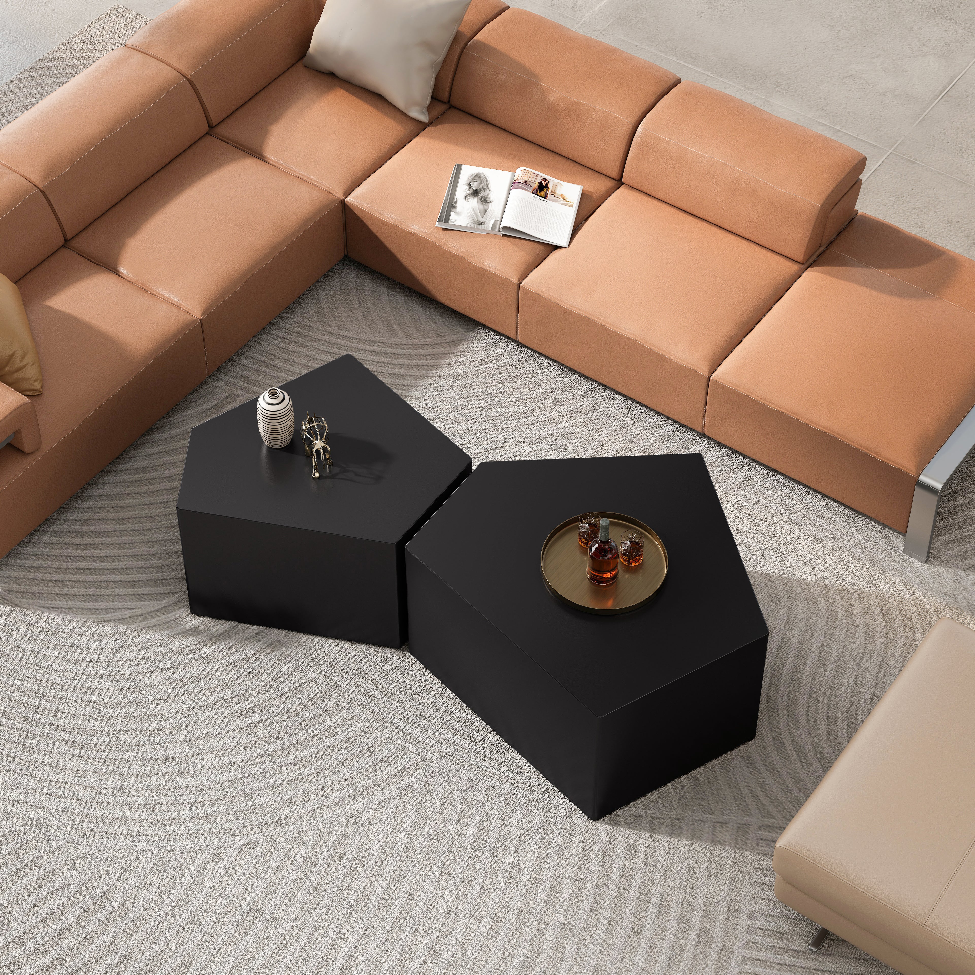 Irregular Pentagon Nesting Coffee Table Set - Black, Set of 2
